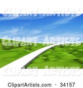 Single White Path Leading Forward Across a Grassy Green Landscape Under a Blue Sky with Wispy Clouds