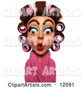 Surprised Woman in a Pink Robe and Curlers