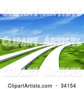 Three White Paths Leading Across a Grassy Green Landscape Under a Blue Sky with Wispy Clouds