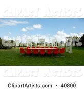 Windows Around a Red Conference Table in a Green Meadow