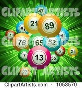 Background of Bingo or Lottery Balls over Green Rays