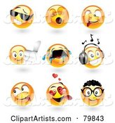 Digital Collage of Emoticon Faces; Cool, Yawning, Goofy, Thumbs Up, Crying, Music, Teasing, Amorous and Nerd