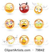 Digital Collage of Emoticon Faces; Winking, Devil, Angel, Feminine, Crying, Holding Breath, Thumbs Up, Mad and Upset