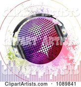 Gradient Disco Ball with Headphones Sound Signals Grunge and Equalizer Bars