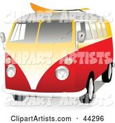 Orange and Yellow VW Van with a Surf Board on the Roof