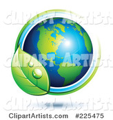 Shiny Green and Blue American Globe Circled with Blue and Green Lines and a Dewy Leaf