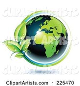 Shiny Green and Dark Blue African Globe Circled with Blue and Green Lines and Dewy Leaves