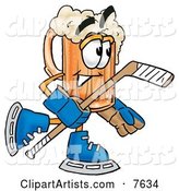 Beer Mug Mascot Cartoon Character Playing Ice Hockey