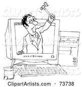 Black and White Outline of an Auctioneer in a Computer
