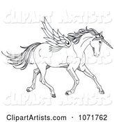 Black and White Sketched Fantasy Winged Unicorn Horse