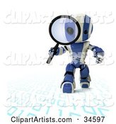 Blue and White AO-Maru Robot Walking on and Inspecting Binary Code with a Magnifying Glass