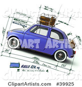 Blue Compact Car on a Design Sketch Background