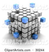 Blue Cubes Floating Outside a Large Cube Created with White Cubes, Symbolizing Leadership and Individuality