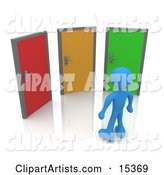 Blue Figure Standing in Front of Three Different Colored Doors, Symbolizing Different Paths to Take for Job Opportunities or Life Choices
