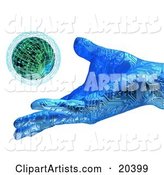 Blue Hand with Circuits, Releasing a Small Planet into the Atmosphere, Symbolizing Creation and Environment