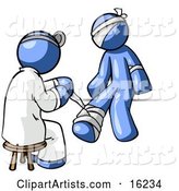 Blue Male Doctor in a Lab Coat, Sitting on a Stool and Bandaging a Blue Person That Has Been Hurt on the Head, Arm and Ankle