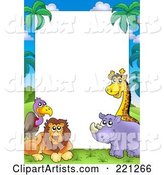 Border Frame of a Vulture, Lion, Rhino and Giraffe Around White Space