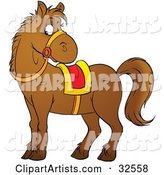 Brown Pony Wearing Reins and a Yellow and Red Saddle