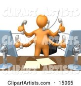 Busy Orange Employee Standing in Front of Their Desk Chair, Two Computer Screens and Papers on Their Desk While Multitasking and Taking Multiple Phone Calls at Once