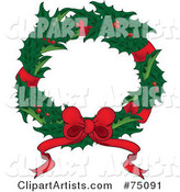 Christmas Wreath of Holly, Red Ribbons and a Bow