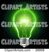 Clear Light Bulb Emitting Bright Green Light over a Black Background, Symbolizing Inspiration and Creativity