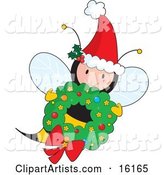 Cute Female Honey Bee Wearing a Santa Hat with Ivy and Flying with a Christmas Wreath