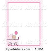 Cute Little Caucasian Baby Girl Holding a Balloon in a Pink Baby Carriage on a Pink and White Checkered Stationery Frame