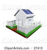 Cute Little White House with Green Grass, a Picket Fence and Solar Panels on the Roof