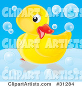 Cute Yellow Rubber Duck Posing in a Tub, Surrounded by Bubbles, on a Blue Background