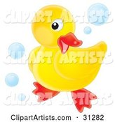 Cute Yellow Rubber Ducky Posing on a White Background, Surrounded by Blue Bubbles