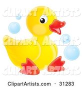 Cute Yellow Rubber Ducky Sitting on a White Background, with Blue Bubbles