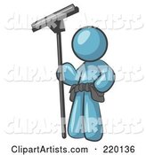 Denim Blue Man Window Cleaner Standing with a Squeegee