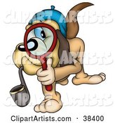 Detective Dog Smoking a Pipe and Peering Through a Magnifying Glass