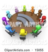 Diverse Group of Colorful Business People Seated at a Round Conference Table During a Business Meeting in an Office