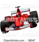 Driver in a Helmet, Racing a Red Ferrari F2002 Race Car