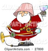 Drunk Santa with a Pink Lamp Shade on His Head, Holding a Light Fixture in One Hand and a Glass of Wine in the Other