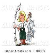 Fishing Blond Caucasian Woman in Wading Gear, Holding a Fishing Pole and a Rope of Caught Fish