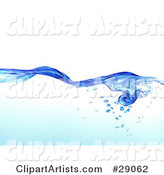 Flowing Clear Blue Purified Blue Water with Air Bubbles Underneath, over a White Background