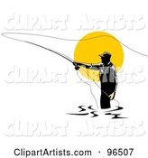 Fly Fisherman Silhouetted Against the Sun, Casting His Line