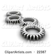 Four Chrome Cogs Lying down Flat, Spinning in Tandem