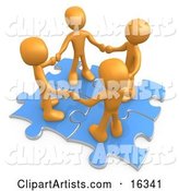 Four Orange People Holding Hands While Standing on Connected Blue Puzzle Pieces, Symbolizing Teamwork, and Interlinking for Seo Website Marketing