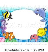 Frame of Marine Fish, a Dolphin, Crab and Seahorse Around Oval White Space