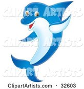 Friendly Blue Dolphin with a White Belly and Brown Eyes, Waving with One Fin