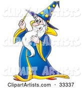 Friendly Male Wizard in a Blue and Yellow Hat and Cape, Holding a Magic Wand
