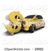 Gold Car Crashing into a Large Dollar Sign, Symbolizing Auto Insurance Claims or a Crashing Economy