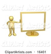 Golden Person Leaning Against a Gold Flat LCD Computer Screen Monitor