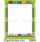 Green Border with Colorful Train Box Cars on a Track, Bordering a White Background