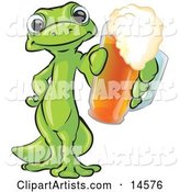 Green Gecko Standing on His Hind Legs, One Hand on His Hip, the Other Hand Holding out a Golden Frothy Cup of Beer