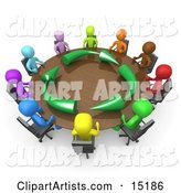 Group of a Diverse and Colorful Group of People Seated and Holding a Meeting About Running an Environmentally Friendly Company Around a Round Conference Table