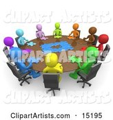 Group of Colorful and Diverse People Holding a Meeting and Trying to Solve a Jigsaw Around a Large Rectangular Conference Table in an Office